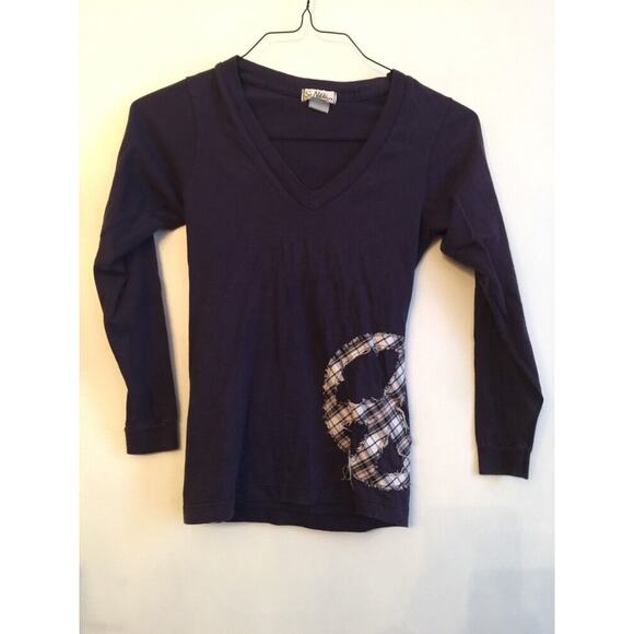 So Nikki Other - S (7/8) So Nikki Navy Blue Long Sleeve V-Neck Tshirt with Plaid Patch